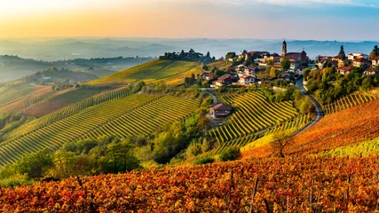 Selbstklebende Fototapete Weingarten Italienisches Dorf aus der Region Langhe in Italien