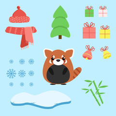 Vector set of red panda with xmas staff: lollipop, gifts, tree, iceberg, hat and scarf, bamboo and bells. Cartoon illustration