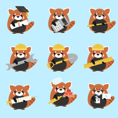 Vector set of red pandas various professions: Scientist, accountant, teacher, engineer, worker, builder, doctor, baker, programmer. Cute cartoon illustration