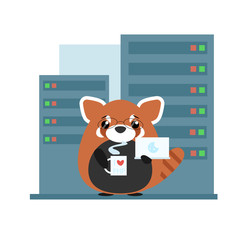 Anthropomorphic red panda - programmer standing with computer and coffee in server room. Cute vector illustration