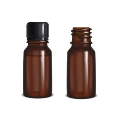 Dark Glass Bottles. Blank Mock Up for Presentation of Cosmetic Skin Care Medical Product Essential Oil Design. Vector Isolated Illustration