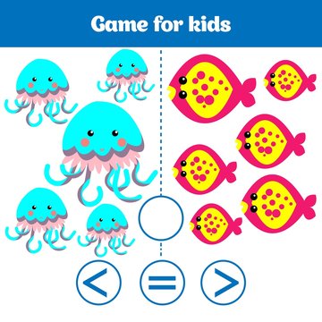 Education logic game for preschool kids. Choose the correct answer. More, less or equal Vector illustration. Theme mermaid sea, ocean, fish