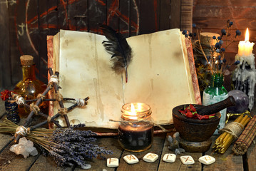 Old witch book with empty pages, lavender flowers, pentagram and witchcraft objects. Occult, esoteric, divination and wicca concept. Mystic and vintage background