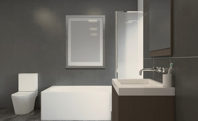 Fototapeta na wymiar Spacious bathroom, clean, beautiful, luxurious, bright room. 3D rendering. Empty picture