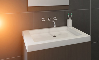 Bathroom interior bathtub. 3D rendering. Sun