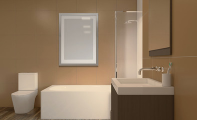 Spacious bathroom, clean, beautiful, luxurious, bright room. 3D rendering. Empty picture