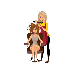 Female hairdresser making hairstyle using curling iron to young woman, professional hair stylist at workplace cartoon vector Illustration
