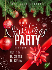 Christmas party poster with hand lettering sign, xmas balls, snow, snowflakes