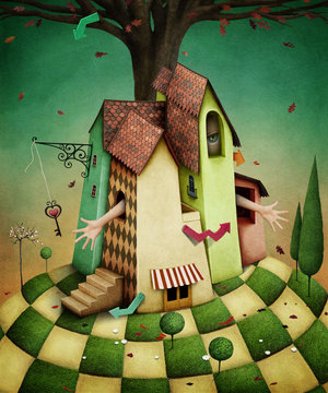Conceptual illustration for  fairy tale Wonderland house with  garden and  girl. 