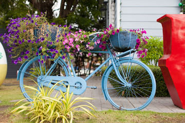 Fototapeta na wymiar Blue bicycle with flowers stand in a garden.