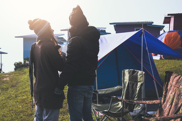 Lover women and men asians travel relax camping in the holiday. Camping In the winter.Read books, drink coffee. Thailand