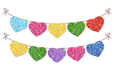 Festive vintage glitter hearts as bunting for your decoration