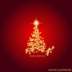 Abstract background with gold christmas tree and stars. Illustration in red and gold colors.Vector illustration.