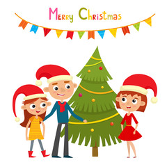 Happy family in red hat near Christmas tree.