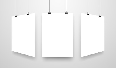 Mock-Up Realistic White Poster Hanging. Empty White Vector Poster Template.