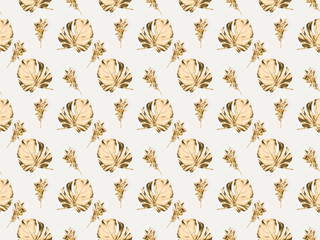 full frame of various golden plants and leaves isolated on grey