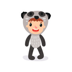 Cute vector illustration of girl or boy character in panda jumpsuit. Funny animal costume. Flat design for poster, banner, sticker or invitation card