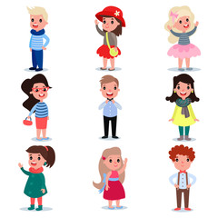 Set of little kids wearing different fashion clothes. Cartoon boys and girls characters standing isolated on white. Flat vector design