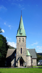 Fototapeta na wymiar Facade of small church in Bergen, sunny day, Norway