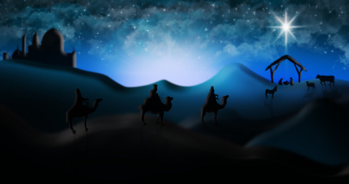 Christmas Nativity Scene Of Three Wise Men Magi Going To Meet Baby Jesus in the Manger with the City of Bethlehem in the distance Illustration