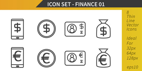 Finance and Money, Dollar and Euro, Thin Line Vector Icon Set
