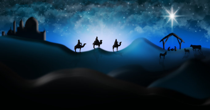 Christmas Nativity Scene Of Three Wise Men Magi Going To Meet Baby Jesus in the Manger with the City of Bethlehem in the distance Illustration