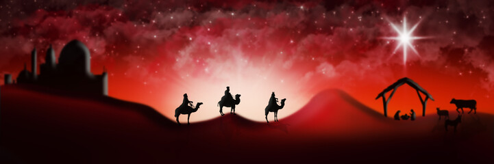 Christmas Nativity Scene Of Three Wise Men Magi Going To Meet Baby Jesus in the Manger with the City of Bethlehem in the distance Illustration