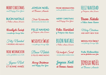 Merry Christmas in different languages - collection of wishes. Vector.