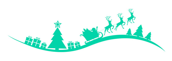 Panoramic Christmas decoration with Santa Claus, reindeers, trees and presents. Vector.