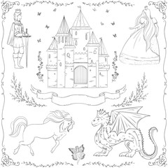 Naklejka premium Fairy tale theme. Prince, princess, castle, dragon, fairy, horse. Collection of decorative design elements. Isolated objects. Vintage vector illustration