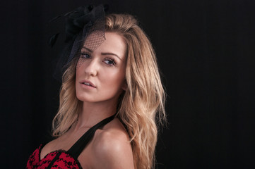 Portrait of beautiful sexy fashion girl model with bright makeup in retro style 