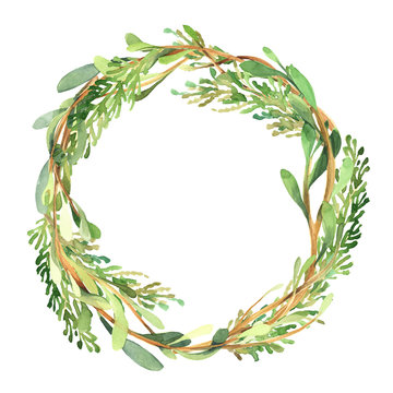 Watercolor christmas wreath of green buxus branch, leaves and red berry