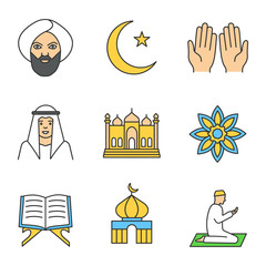Islamic culture color icons set