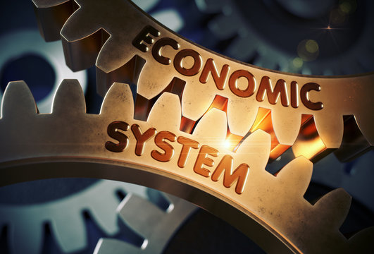 Economic System Concept. Golden Cog Gears. 3D Illustration.