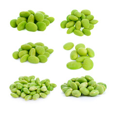 boiled green soy beans isolated on white background