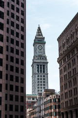 View of the historic Custom House skyscraper clock tower in skyline of Boston Massachusetts USA