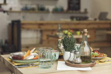 close-up view of tasty healthy breakfast served on table