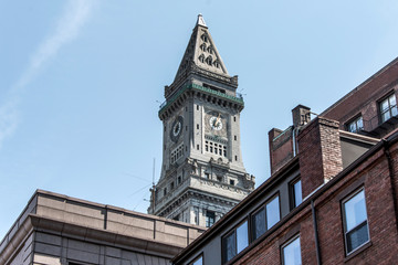 Fototapeta na wymiar View of the historic Custom House skyscraper clock tower in skyline of Boston Massachusetts USA