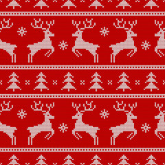 Knitted seamless pattern with deers. Vector.