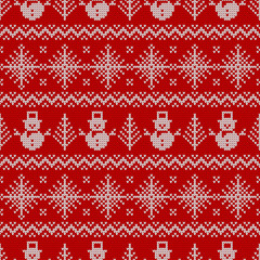 Knitted seamless pattern with snowmen and snowflakes.