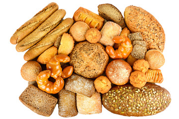 Collection of grain bread and baking isolated on white