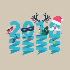 Fototapeta premium 2018 New Year greeting card design with party streamers hanging from blue numerals decorated with Christmas lights, a gift, robin, tree and antlers