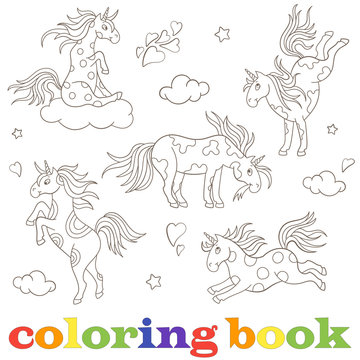 Set contour illustrations of unicorns, funny cartoon animals, black contour on white background coloring book