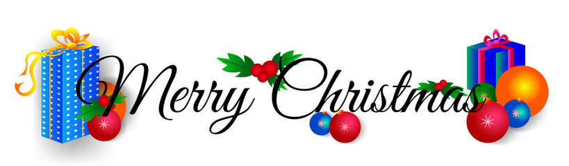 Merry Christmas vector text on a white background with illustration of gifts and Christmas toys. Calligraphic lettering design for postcards.