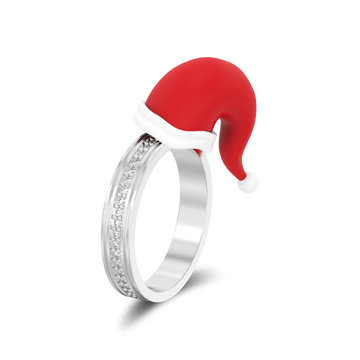 3D illustration isolated white gold or silver engagement wedding band diamond ring in the Christmas Santa Claus hat with shadow