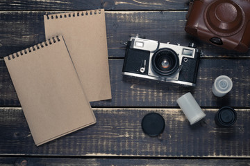 Old rangefinder vintage and retro photo camera with vintage color effect