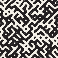 Fototapeta na wymiar Vector Seamless Black And White Rounded Irregular Maze Pattern. Abstract Hand Drawn Background