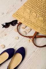 Summer fashion set. Women's bag, shoes (ballerinas) and sunglasses.