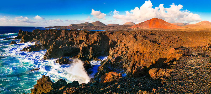 amazing Los Hervideros lava's caves in Lanzarote island, popular touristic attraction. Canary islands
