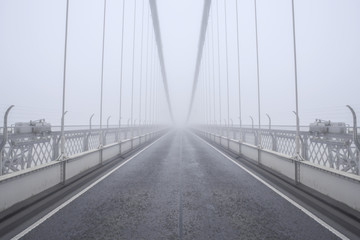 Clifton Suspension Bridge from the middle of the road in the fog